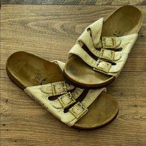 Birkenstock Betula Cream Snakeskin Triple Strap Sandals with Gemstone Buckles